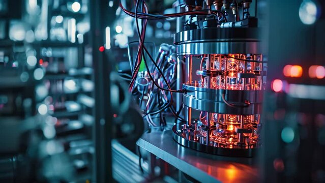 A detailed view of an electronic device showcasing numerous wires and connectors, A quantum computer in a high-tech laboratory