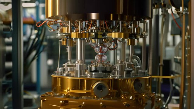 A photo capturing the interior of a manufacturing facility, showcasing a large industrial machine in operation, A quantum computer in a high-tech laboratory