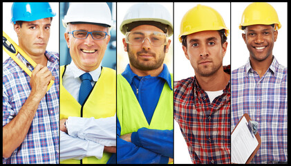 Collage, building contractor and portrait for construction, industrial engineering and...