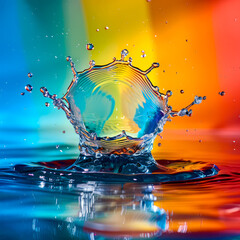  stunning water splash captured in front of a vibrant rainbow-colored background, showcasing vivid colors and dynamic motion