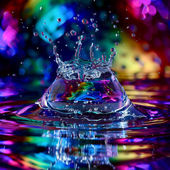 Dynamic splash of water captured in high-speed photography, set against a psychedelic, colorful background