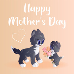 Cute cartoon kitten gives kisses to his mother cat. Postcard. Mother's day concept.