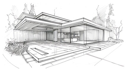 villa architecture outline hand sketch