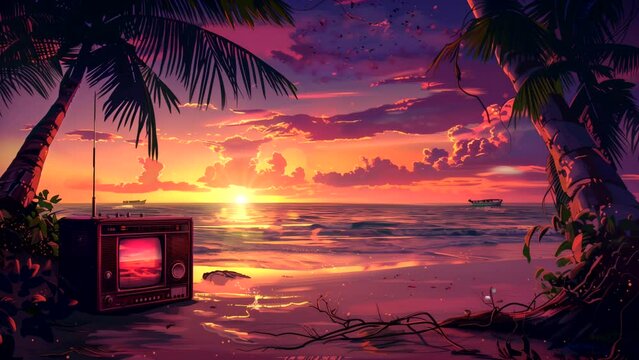 Animated background of radio silhouette on tropical beach during summer sunset. looping time-lapse video