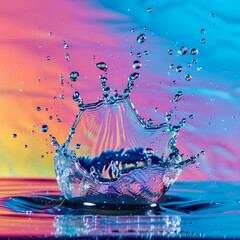 High-speed photography of a clear water splash on a vibrant multi-colored background, showcasing energetic dynamics