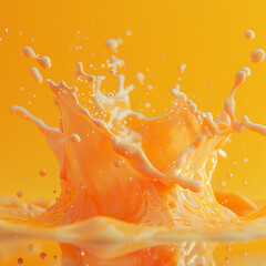 Vibrant orange liquid creating a dynamic splash against a bright yellow background, emphasizing motion and color contrast