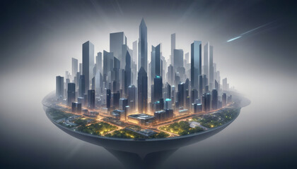 A conceptual artwork of a futuristic city built on a floating island, illuminated under a dramatic sky
