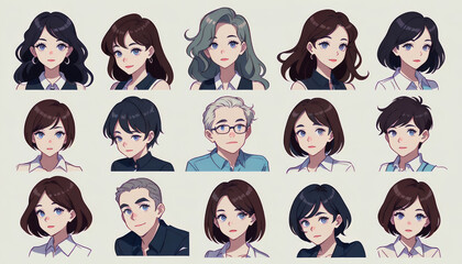 Icon set of A collection of stylized anime character portraits featuring young adults with varied hairstyles and expressions