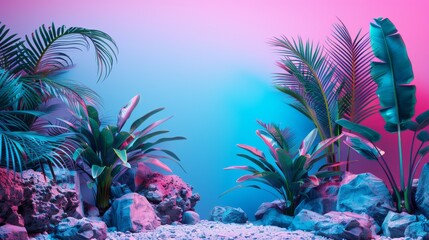 A tropical scene with a blue background and a bunch of plants