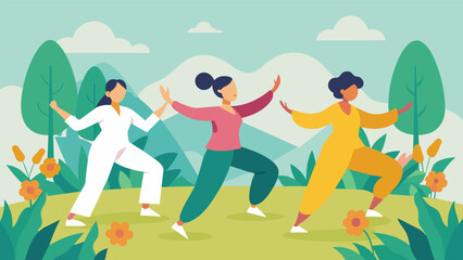 With the rhythmic sounds of nature as their backdrop a garden Tai Chi group gracefully flows through their movements.. Vector illustration