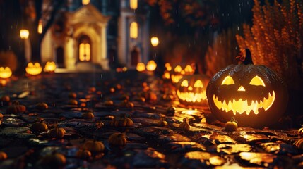 Spooky Halloween pumpkin in front of a house. Scary setting with a carved pumpkin in the forefront and a mysterious mansion amidst a dark, eerie forest It evokes a sense of fear and the supernatural