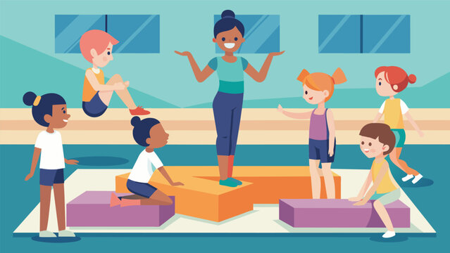 In a gymnasium filled with mats and foam blocks kids playfully learn the art of tumbling and gymnastics during a fun and supportive coaching session.. Vector illustration