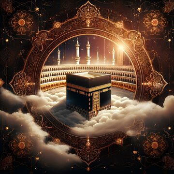 Holy Kaaba in the cloud with a gold frame