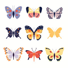 Set various colorful butterflies collection isolated white background. Different butterfly species assortment flat design vector illustration. Entomology, nature, spring concept beautiful wing