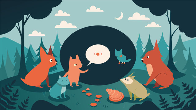 A whimsical drawing of a forest filled with talking animals reveals a hidden message etched onto the back of a vinyl record begging to be solved. Vector illustration