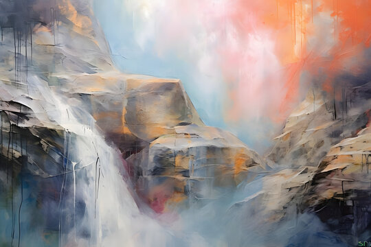 dreamy waterfall canyon. abstract landscape art, painting background, wallpaper