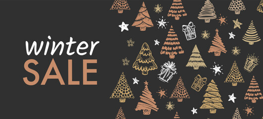 Christmas sale,  tree, hand drawn illustrations. Vector.