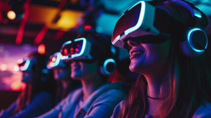 Gamers wearing a VR headset, surrounded by bright neon light, enter a virtual world