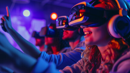 Gamers wearing a VR headset, surrounded by bright neon light, enter a virtual world