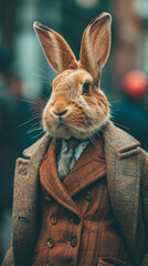 Stylish hare hops through city streets with tailored flair, epitomizing street style.