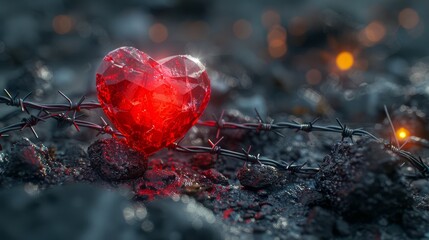 There is a crystal heart pierced with rusty barbed wire lying on the sharp stones.