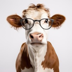 Cow wearing glasses isolated on white background