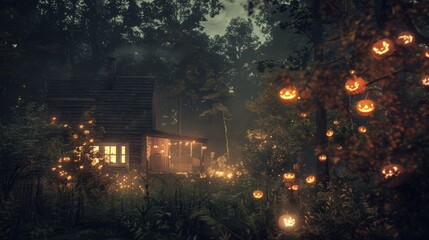 Obraz premium Spooky Halloween pumpkin in front of a house. Scary setting with a carved pumpkin in the forefront and a mysterious mansion amidst a dark, eerie forest It evokes a sense of fear and the supernatural