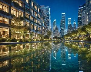 Modern Waterfront in modern Residential urban Area with Reflective Pond at Night