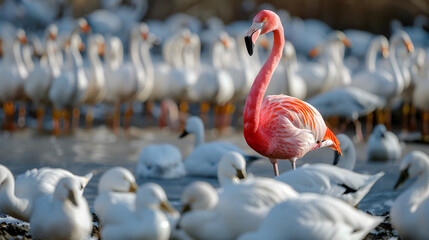 Naklejka premium A standing flamingo among a flock of white ducks