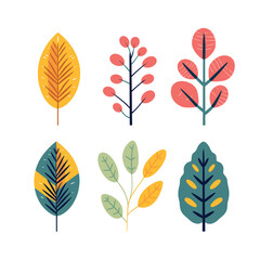 Set six colorful flat design foliage leaf illustrations. Various stylish leaves vivid colors ideal modern botanical graphics. Trendy plant elements ecofriendly naturerelated designs