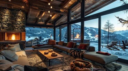 Modern chalet with cozy textiles, stone fireplace, and panoramic views.