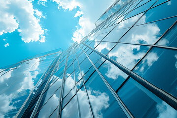 Reflective skyscrapers, business office buildings. Low angle photography of glass curtain wall details of high-rise buildings.The window glass reflects the blue sky and white clouds. . High quality - Powered by Adobe