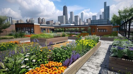 Fototapeta premium Modern urban rooftop apiary with beehives, pollinator-friendly plants, and educational exhibits.