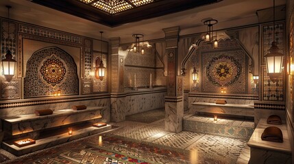 Moroccan-inspired hammam spa with mosaic tilework, marble benches, and lantern lighting.