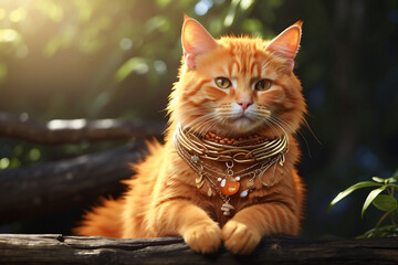 Fantasy cute orange cat relaxing in the forest