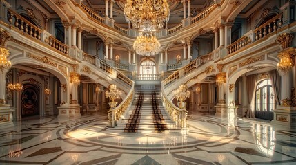 Renaissance-inspired ballroom with crystal chandeliers, marble floors, and grand staircase.