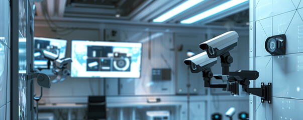 High-tech security cameras in modern surveillance room.