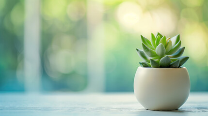 Mini plant succulent on wooden white desk, little plant and leaf in potted on table, copy space, nobody, tree in pot for decoration in home, background, spring and summer, best for product display - Powered by Adobe