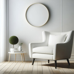 The product being photographed is a white armchair that is tucked into a living room corner. There is nothing except a blank white wall in the background.