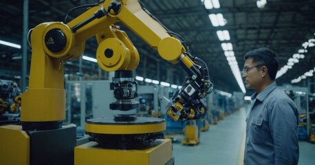 Fototapeta premium Male engineer monitors robotic arms in a high-tech manufacturing plant.