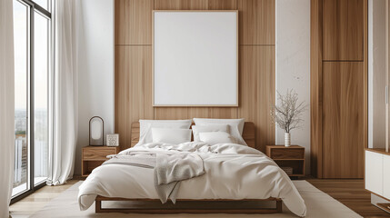 Obraz premium Mockup canvas frame in beige and wooden bedroom, bed with white pillows and linens, front view. Wooden wardrobe and white wall, window with city view, 3D rendering no people