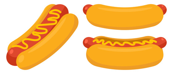 Cartoon hot dog with mustard. Fast food hot dog icon. Vector illustration isolated on white background.