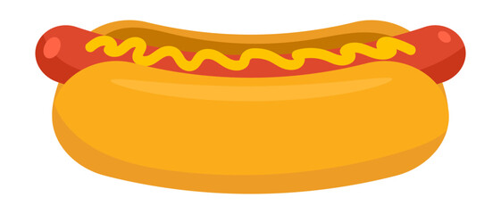 Cartoon hot dog with mustard. Fast food hot dog icon. Vector illustration isolated on white background.