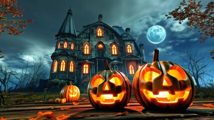 Spooky Halloween pumpkin in front of a house. Scary setting with a carved pumpkin in the forefront and a mysterious mansion amidst a dark, eerie forest It evokes a sense of fear and the supernatural