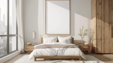Mockup canvas frame in beige and wooden bedroom, bed with white pillows and linens, front view. Wooden wardrobe and white wall, window with city view, 3D rendering no people