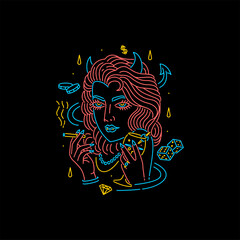 illustration female demon with a neon casino theme vector images
