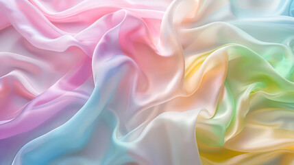 Fototapeta premium A pastel colored silk fabric, flowing in soft curves, elegant background for product display. The beauty of the scene textures or patterns, a luxury feeling.