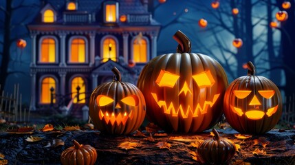 Spooky Halloween pumpkin in front of a house. Scary setting with a carved pumpkin in the forefront and a mysterious mansion amidst a dark, eerie forest It evokes a sense of fear and the supernatural