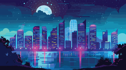 Neon cityscape illustration under night sky full moon. Futuristic skyline glowing windows reflections. Cyberpunk metropolis digital artwork vivid colors