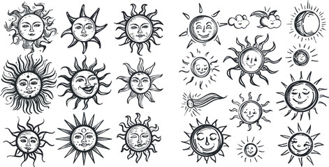 Doodle sun icons. Hot weather suns collection vector illustration,